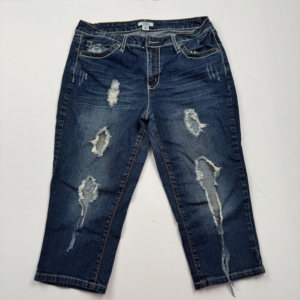 Cato Jeans Womens 10 (30x17) Blue Distressed Capri Crop Raw Hem Ripped Denim